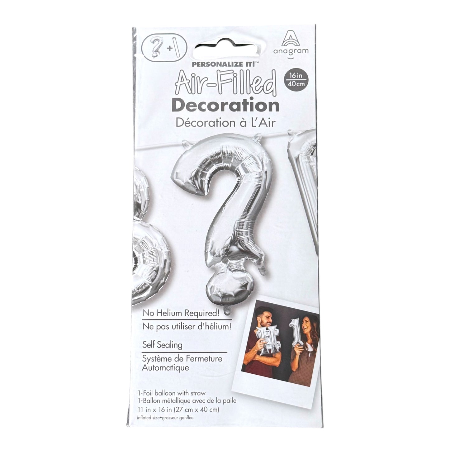 Anagram Air-Filled Decoration foil balloon in a white retail package, featuring silver question mark