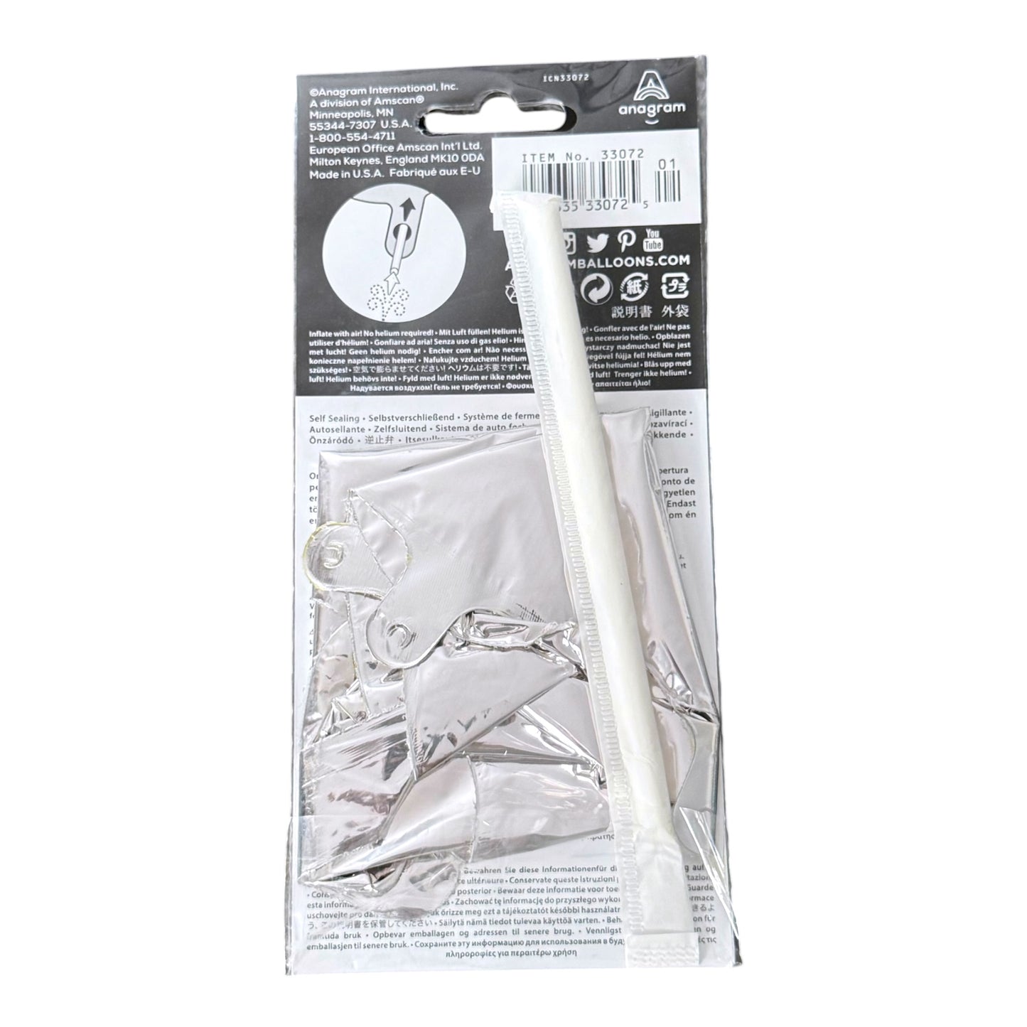A silver foil balloon with a white straw, packaged in a clear plastic bag with a black header card.