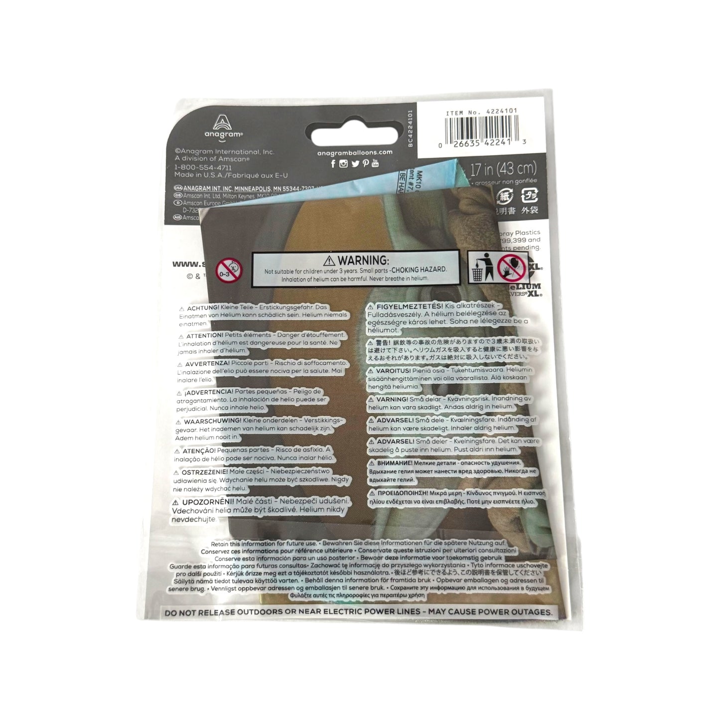 A packaged balloon containing a 17-inch foil balloon. The product is sealed in a clear plastic bag with a black and white warning label and product information printed on the back.