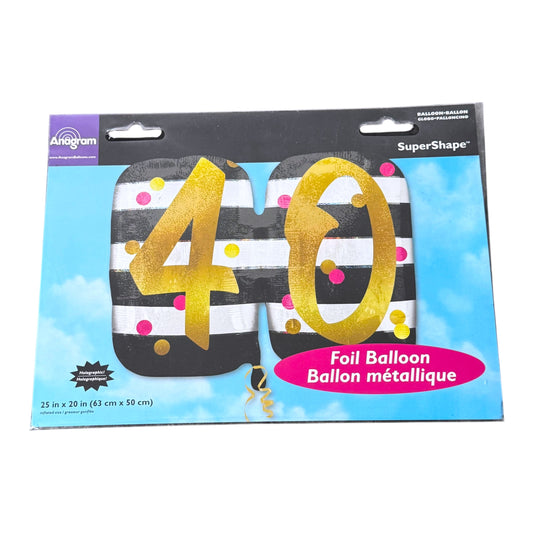 A packaged foil balloon featuring the number 40, with black and white stripes, gold foil lettering, and small gold and pink confetti dots. The package shows the brands Anagram and SuperShape, along with text indicating it is a 25 in x 20 in foil balloon.