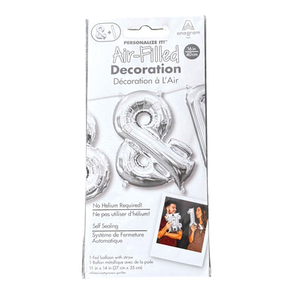 Anagram Air-Filled balloon in retail packaging featuring a silver '&' balloon with product details and a small photo example.