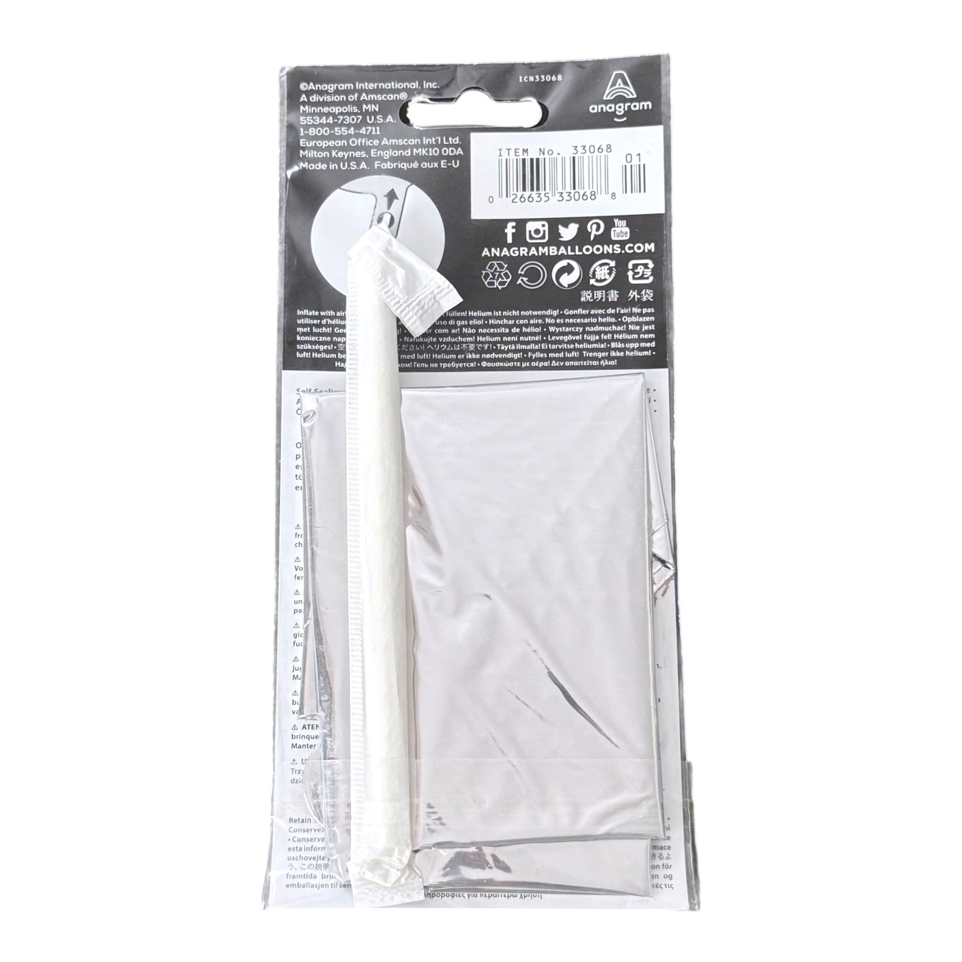 Anagram Air-Filled balloon in retail packaging featuring a silver '&' balloon with product details and a small photo example.