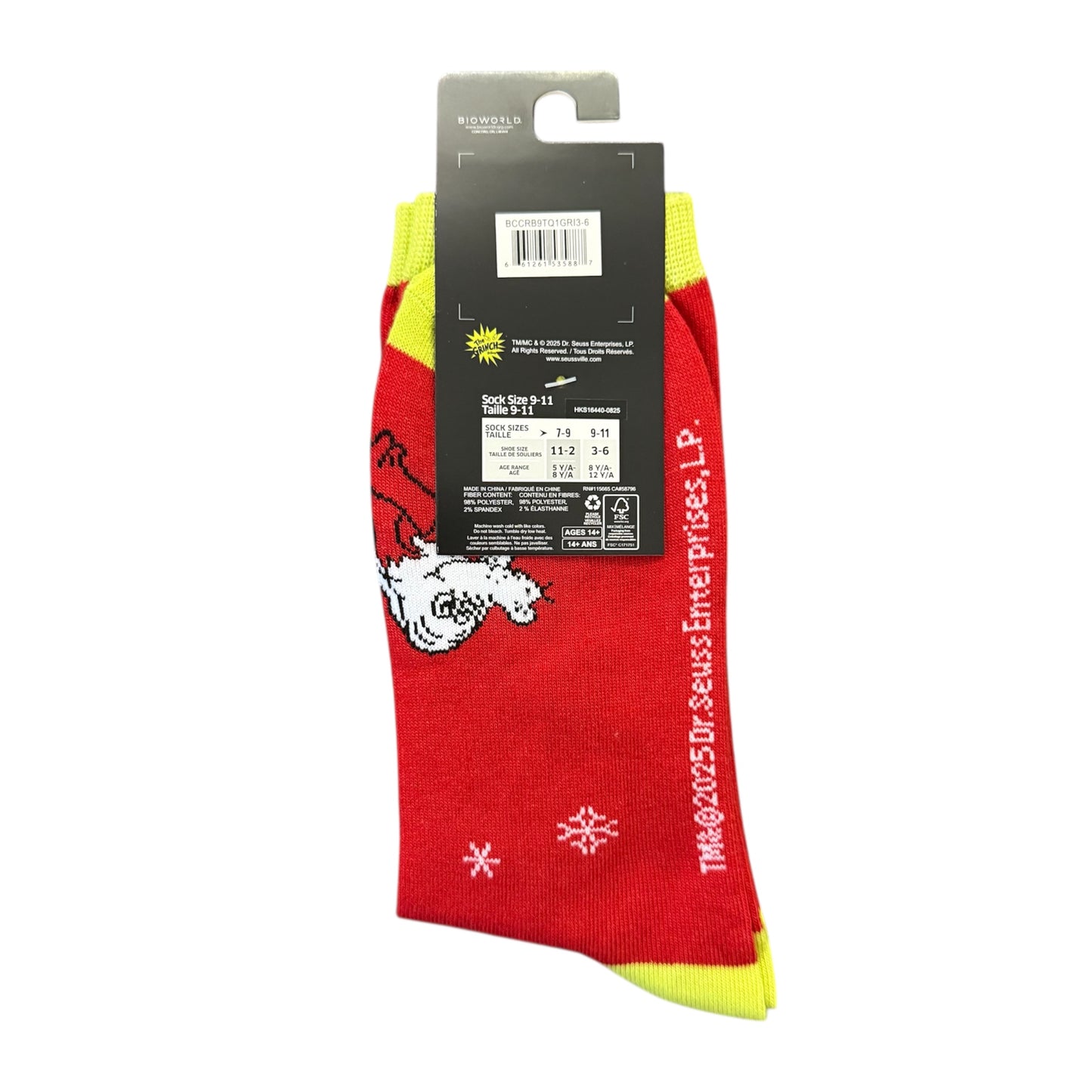 Red socks with yellow cuff and tag on a white background