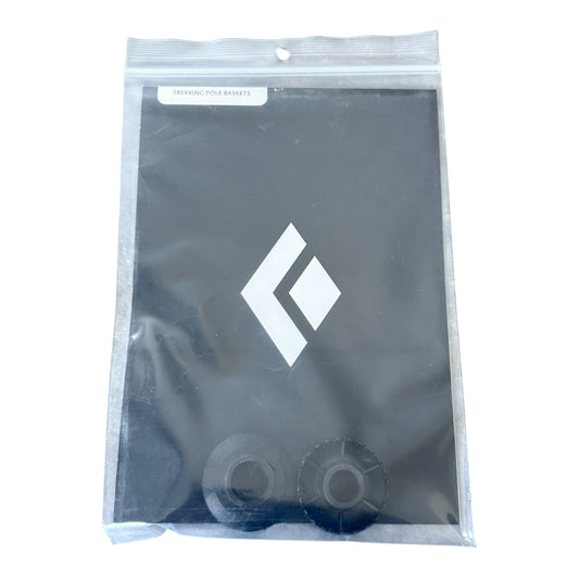 A pair of Black Diamond Trekking Pole Baskets in a clear plastic bag on a white background