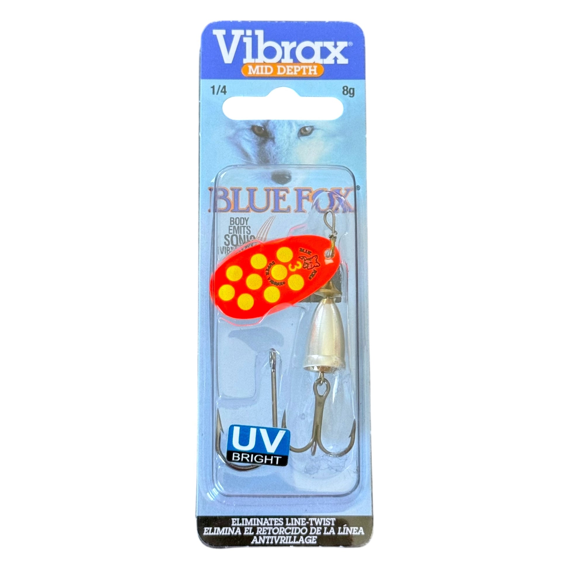 Vibrax Blue Fox fishing lure in packaging on a white background