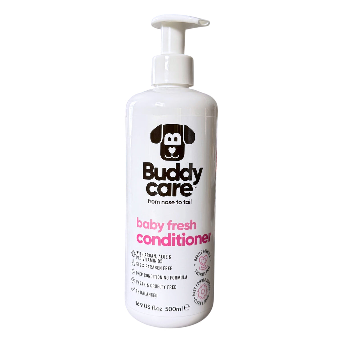 A 500ml white pump bottle of Buddy Care Baby Fresh Conditioner for dogs, featuring a black dog head logo and pink text on a white background.