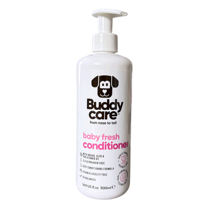 A 500ml white pump bottle of Buddy Care Baby Fresh Conditioner for dogs, featuring a black dog head logo and pink text on a white background.