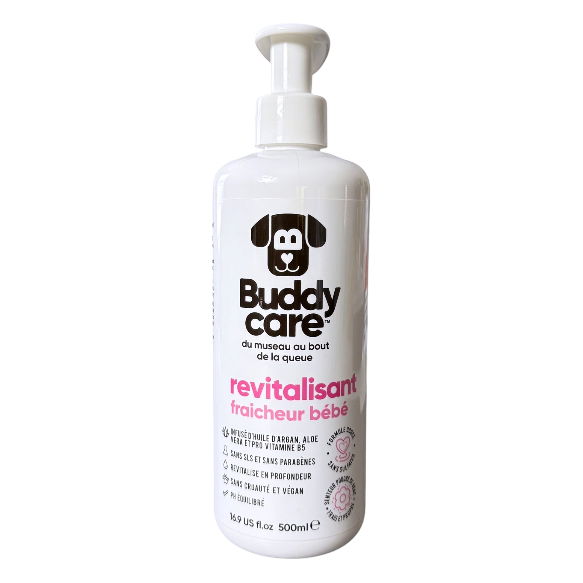 A 500ml white pump bottle of Buddy Care dog shampoo, featuring a black dog head logo and pink and black text on a clean white background.