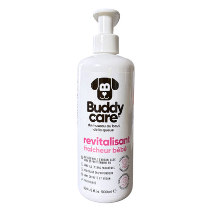 A 500ml white pump bottle of Buddy Care dog shampoo, featuring a black dog head logo and pink and black text on a clean white background.