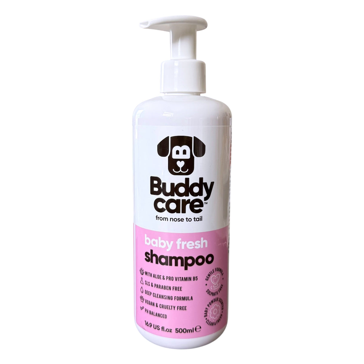 A 500ml bottle of Buddy Care Baby Fresh Shampoo for dogs, featuring a white pump dispenser and a label with a pink lower section and a black dog head logo.