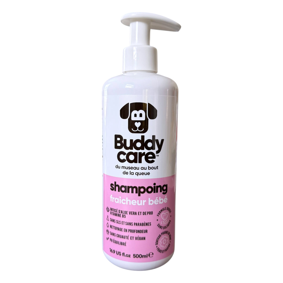 A 500ml bottle of Buddy Care dog shampoo for puppies, featuring a white pump dispenser and a label with a black dog logo and pink and white sections.