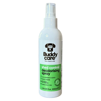A white plastic spray bottle of Buddy Care Shed Control Deodorising Spray with a green and white label, shown against a plain white background.