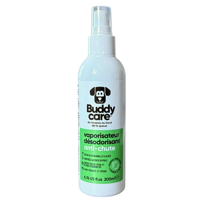 A 200ml spray bottle of Buddy Care dog deodorizer, featuring a white bottle with a green label and a clear spray cap, set against a plain white background.