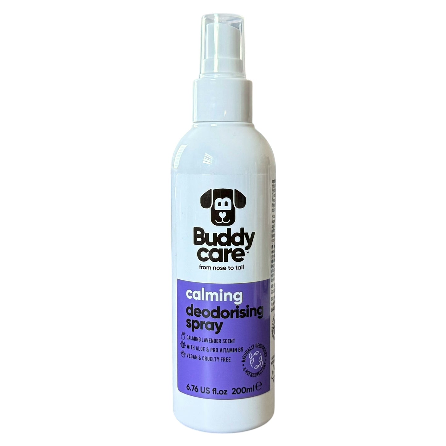 A white bottle of Buddy Care Calming lavender Deodorising Spray with a purple label, shown against a plain white background.