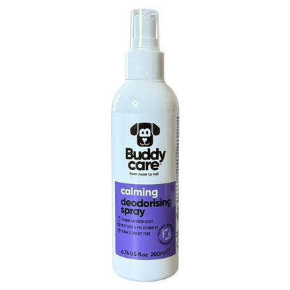 A white bottle of Buddy Care Calming lavender Deodorising Spray with a purple label, shown against a plain white background.