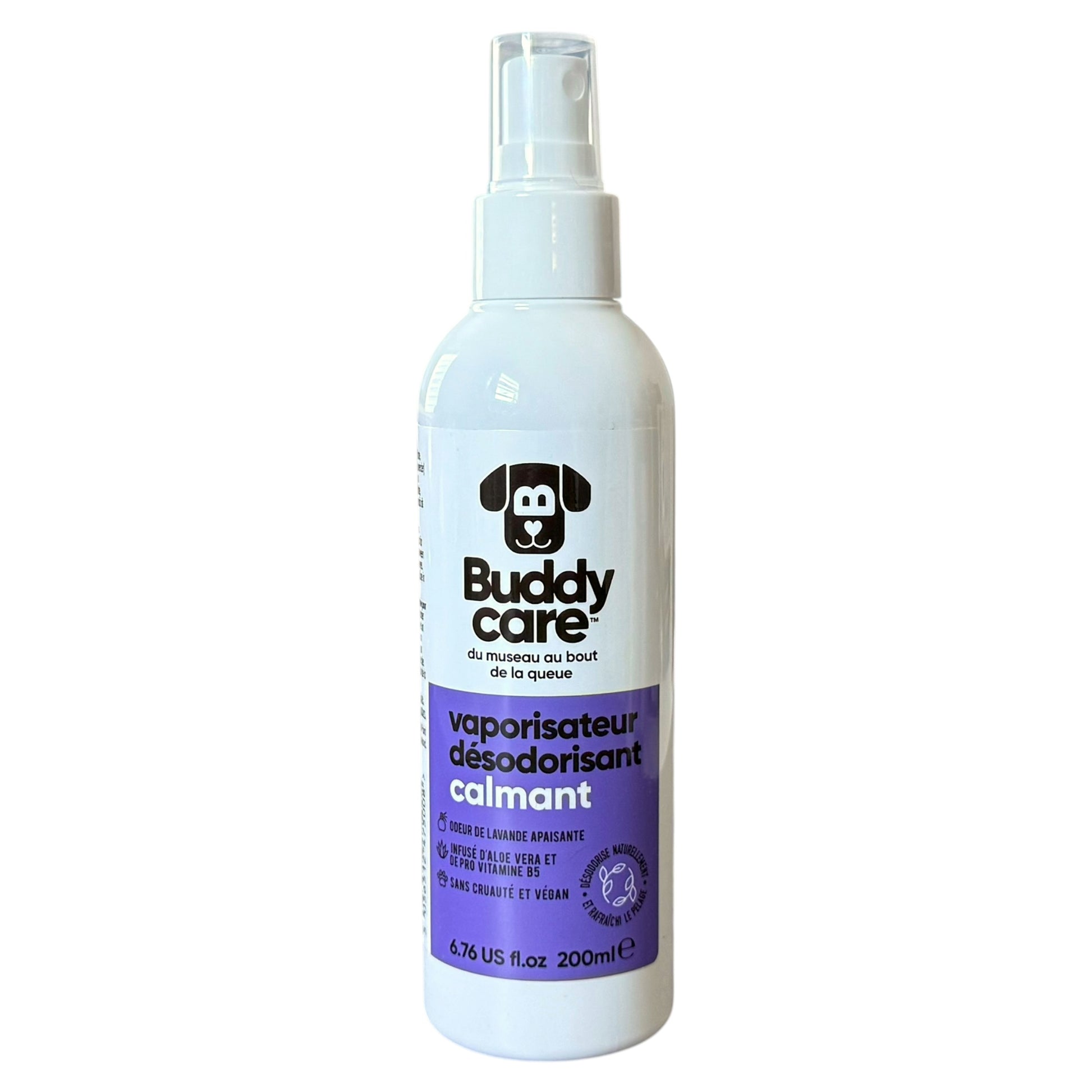A white spray bottle of Buddy Care calming spray for dogs, featuring a purple label and a black dog logo, set against a plain white background.