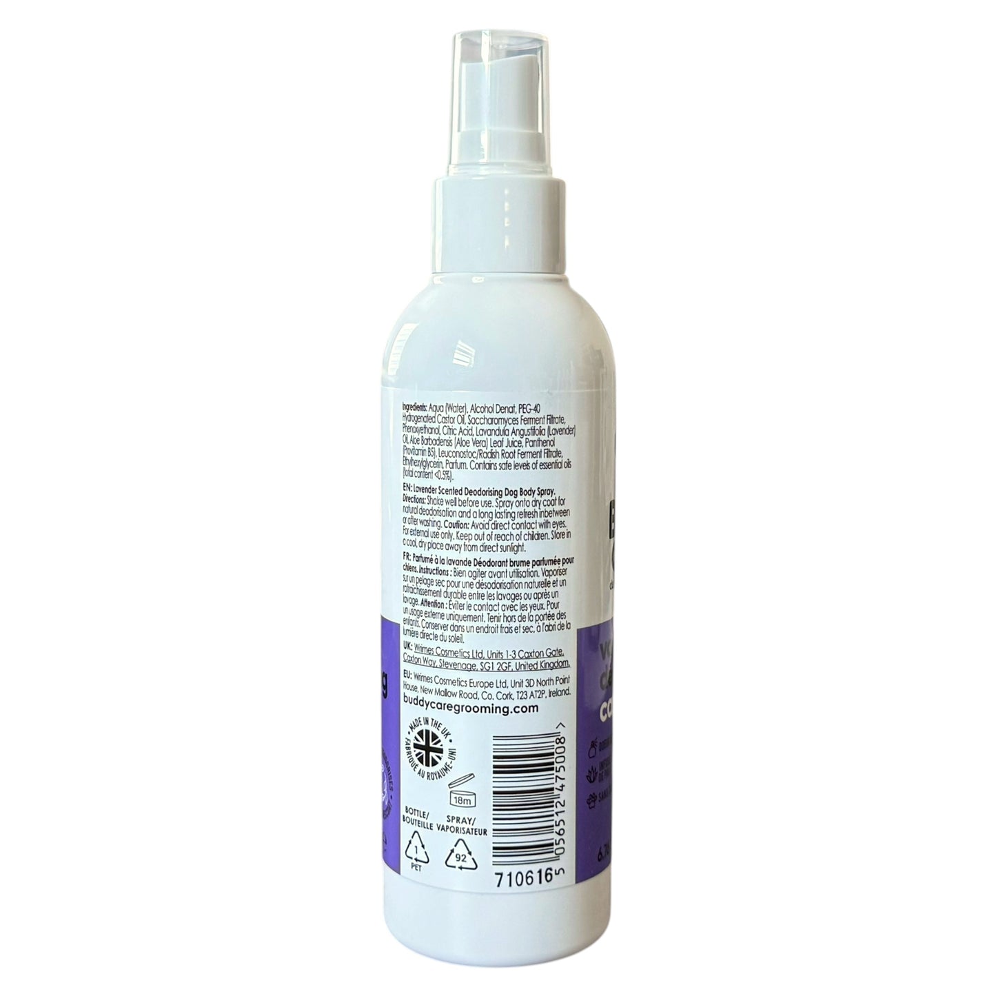 A white plastic spray bottle with a clear spray top, showing the back label with text, a barcode, and a purple band near the bottom, isolated on a white background.