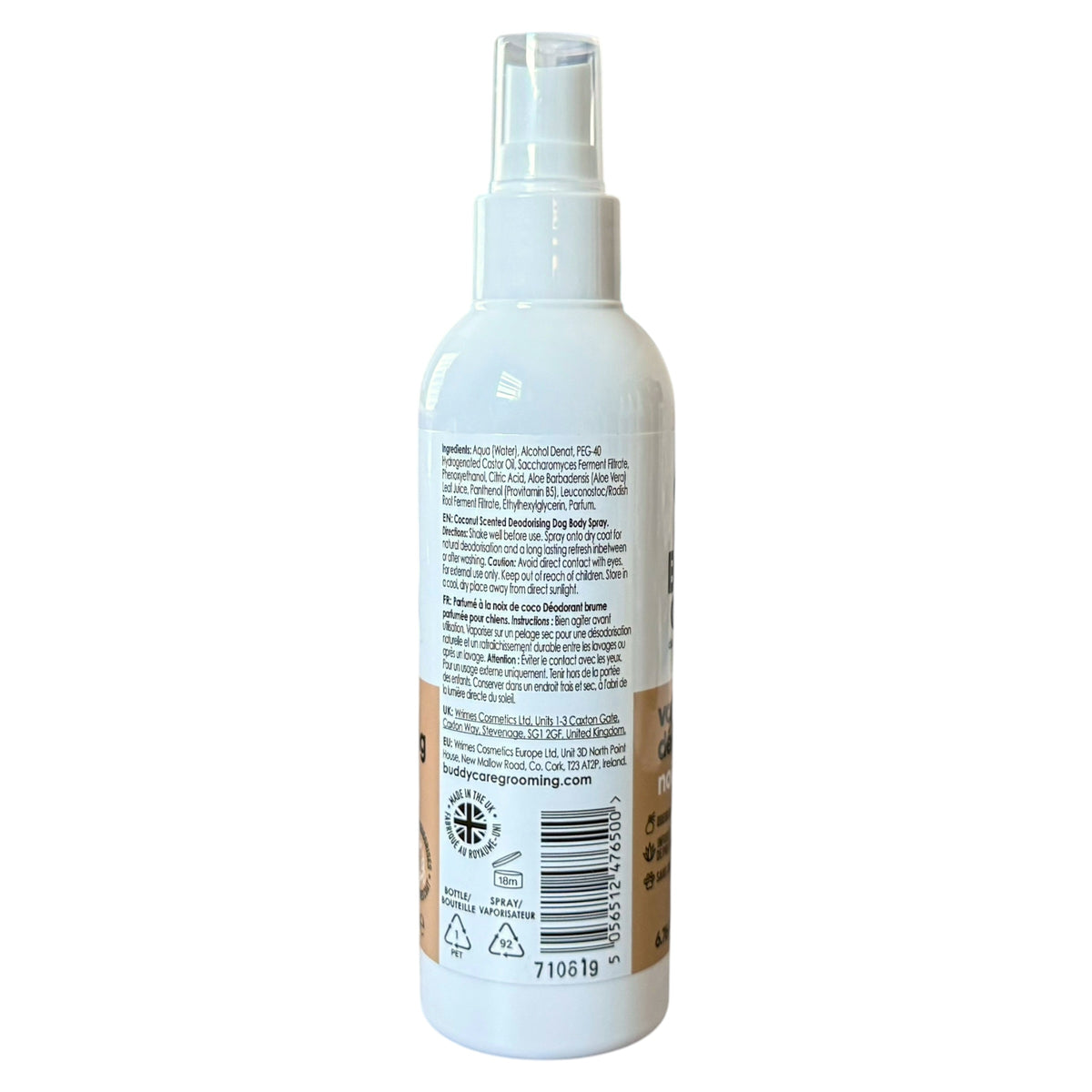 A white plastic spray bottle shown from the back, featuring a clear spray nozzle and a printed back label with text, a barcode, and a small gold seal, on a plain white background.