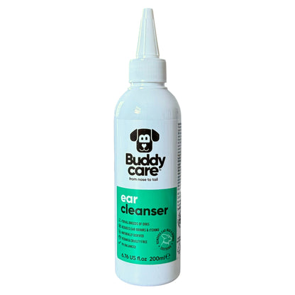 A white plastic bottle of Buddy Care Ear Cleanser with a pointed applicator cap, featuring a green label and black logo on a white background.
