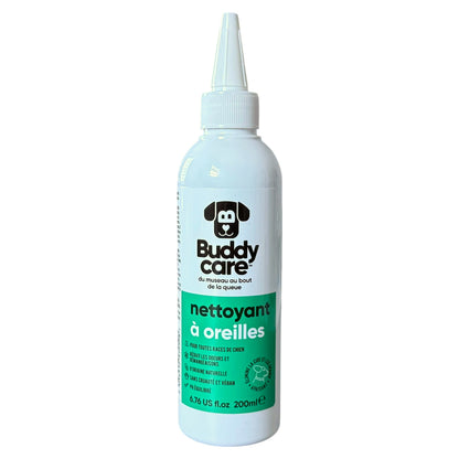 A white squeeze bottle of Buddy Care pet ear cleaner with a green label and white nozzle, shown on a plain white background.
