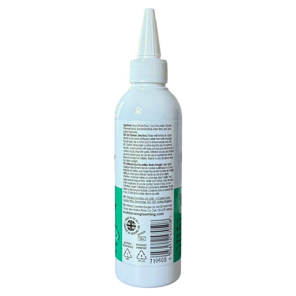 A white squeeze bottle with a pointed applicator cap, showing the back label with text, a barcode, and a green band near the bottom, photographed on a plain white background.