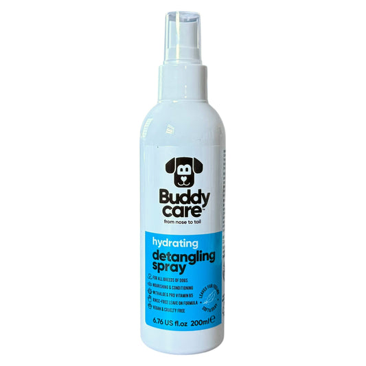 A 200ml spray bottle of Buddy Care Hydrating Detangling Spray on a plain white background.
