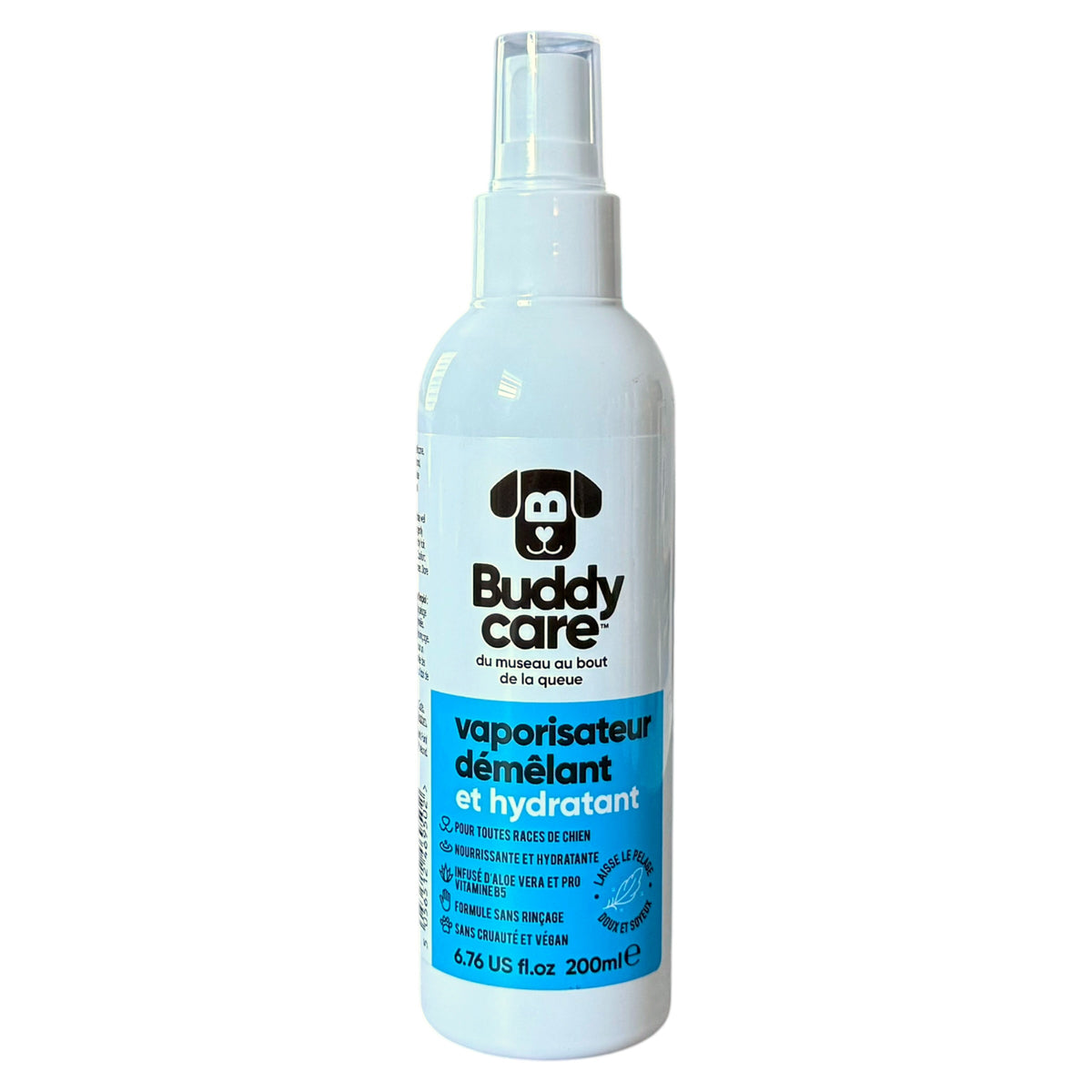 A white spray bottle of Buddycare dog grooming spray with a clear cap and a blue and white label, shown on a plain white background.
