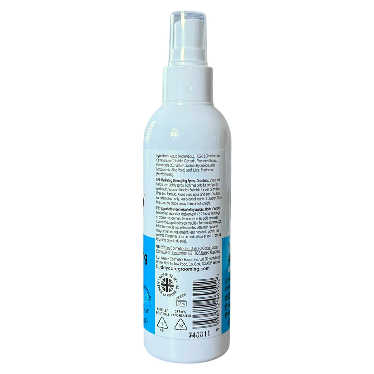 A white plastic spray bottle with a clear spray top, showing the back label with text, a barcode, and a blue section near the bottom, isolated on a white background.