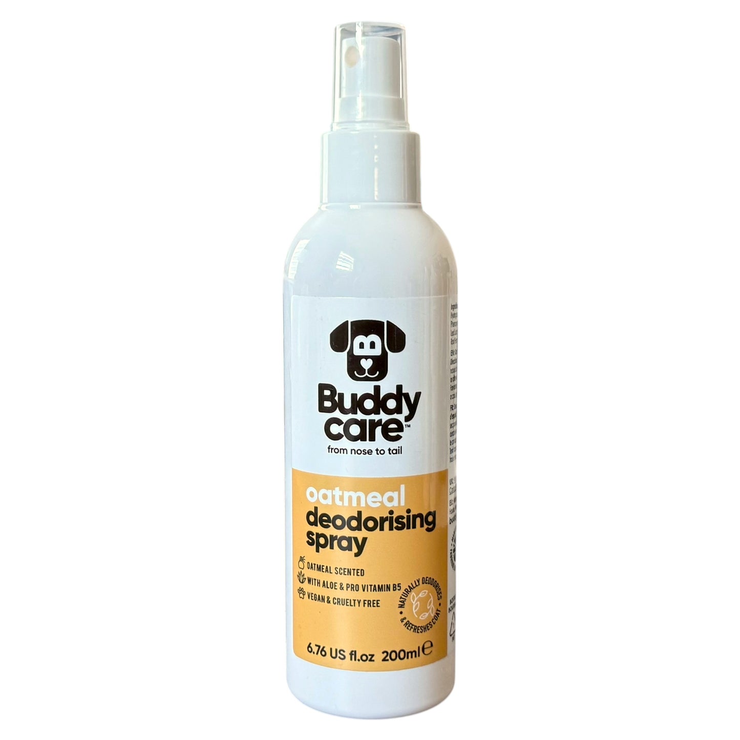 A 200ml bottle of Buddy Care Oatmeal Deodorising Spray for dogs, featuring a white bottle with a clear spray top and a label with a black dog logo and a golden-yellow oatmeal section.