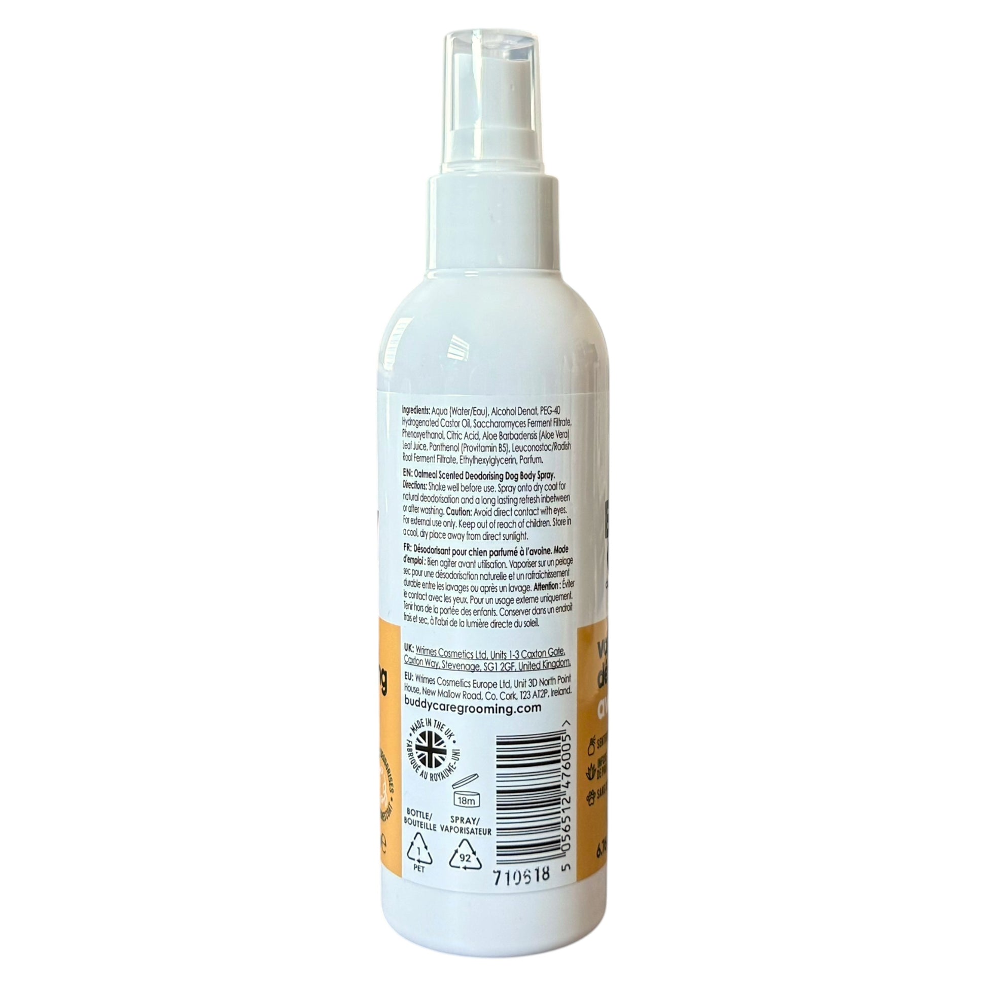A white plastic spray bottle shown from the back with printed text and a barcode on a plain white background.