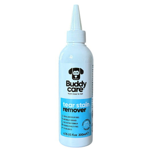 A 200ml squeeze bottle of Buddy Care Tear Stain Remover for dogs, featuring a white bottle and cap with a light blue label, on a solid white background.