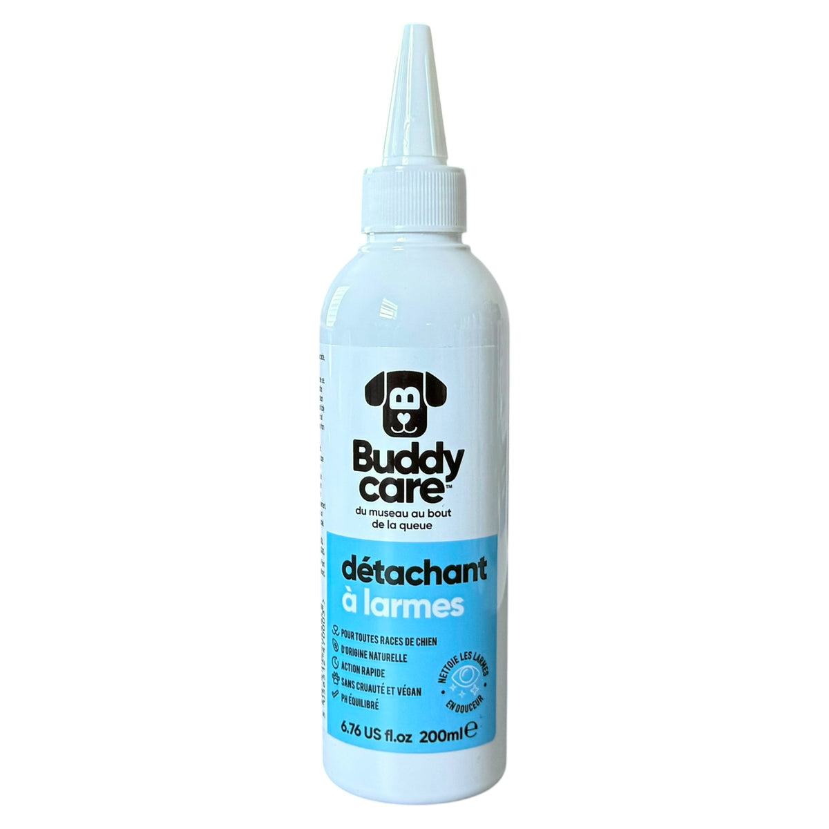 A white squeeze bottle of Buddycare tear stain remover with a blue label and white pointed cap, shown on a plain white background.