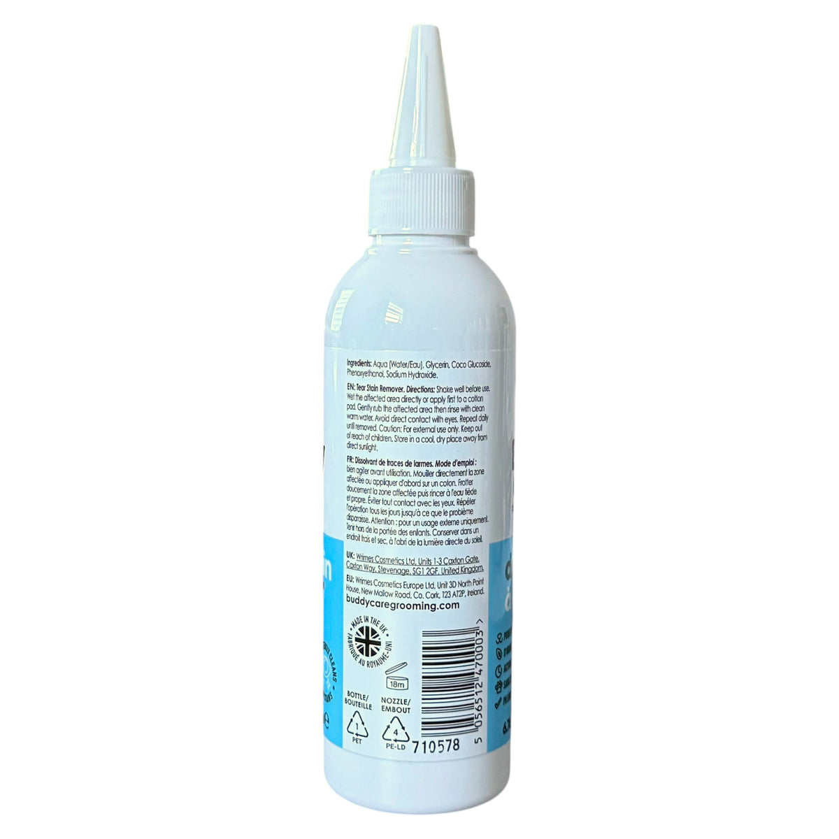 A white squeeze bottle with a pointed white cap, shown from the back with printed text and a barcode on a plain white background.
