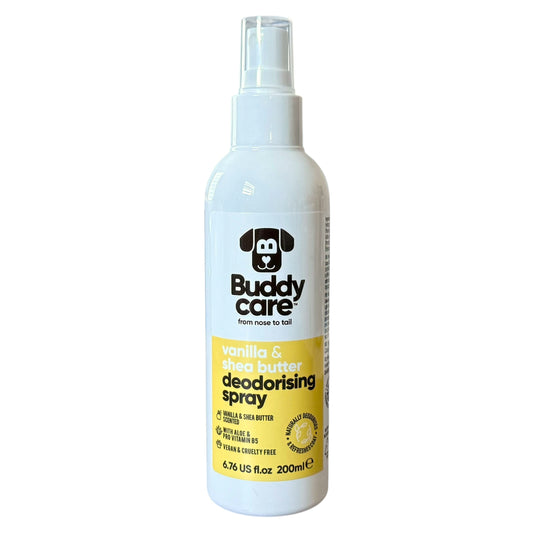 A 200ml bottle of Buddy Care Vanilla & Shea Butter Deodorising Spray on a plain white background.