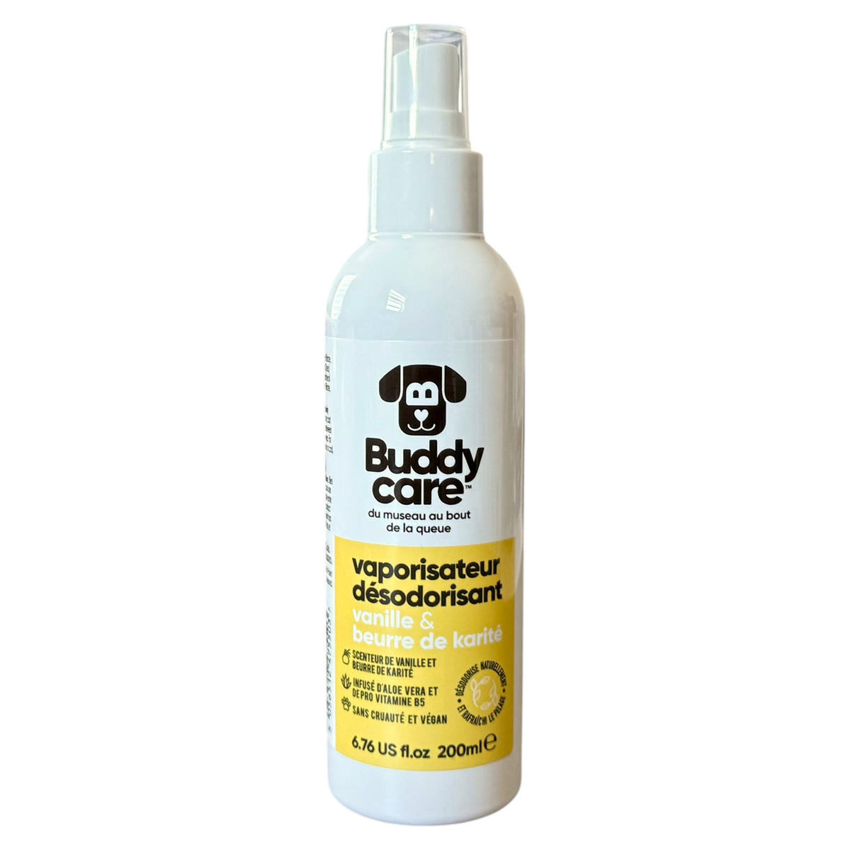 A 200ml spray bottle of Buddy Care dog odor remover spray, featuring a white bottle with a yellow label and black text, set against a plain white background.