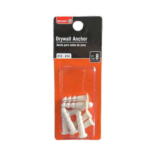 Pack of drywall anchors with a clear window on an orange and black package. Shown on a white background