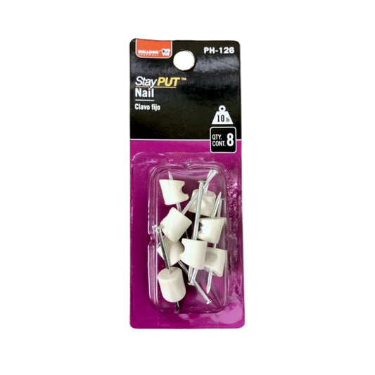 StayPut hanging nails in a purple retail package. Shown on a white background