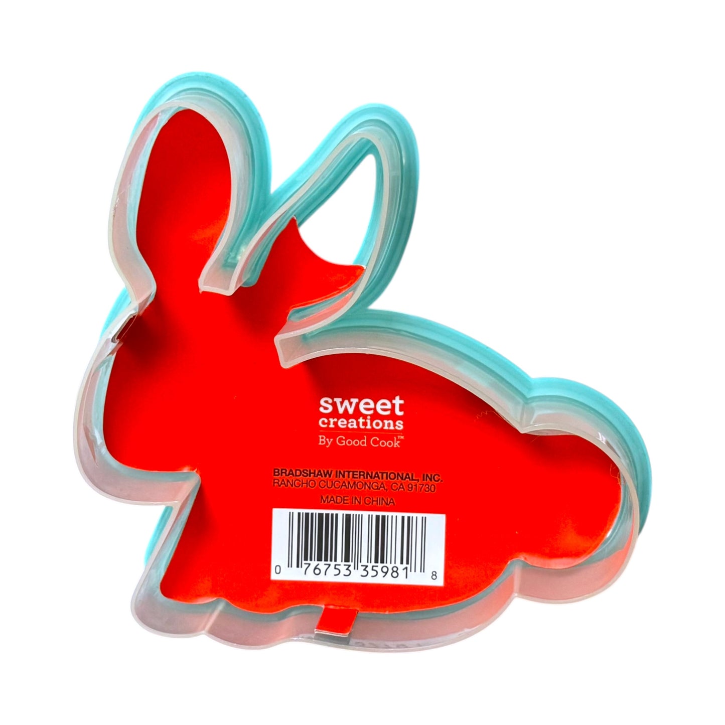 A light blue bunny-shaped cookie cutter from Sweet Creations, shown on a plain white background with the brand name printed on the inside.