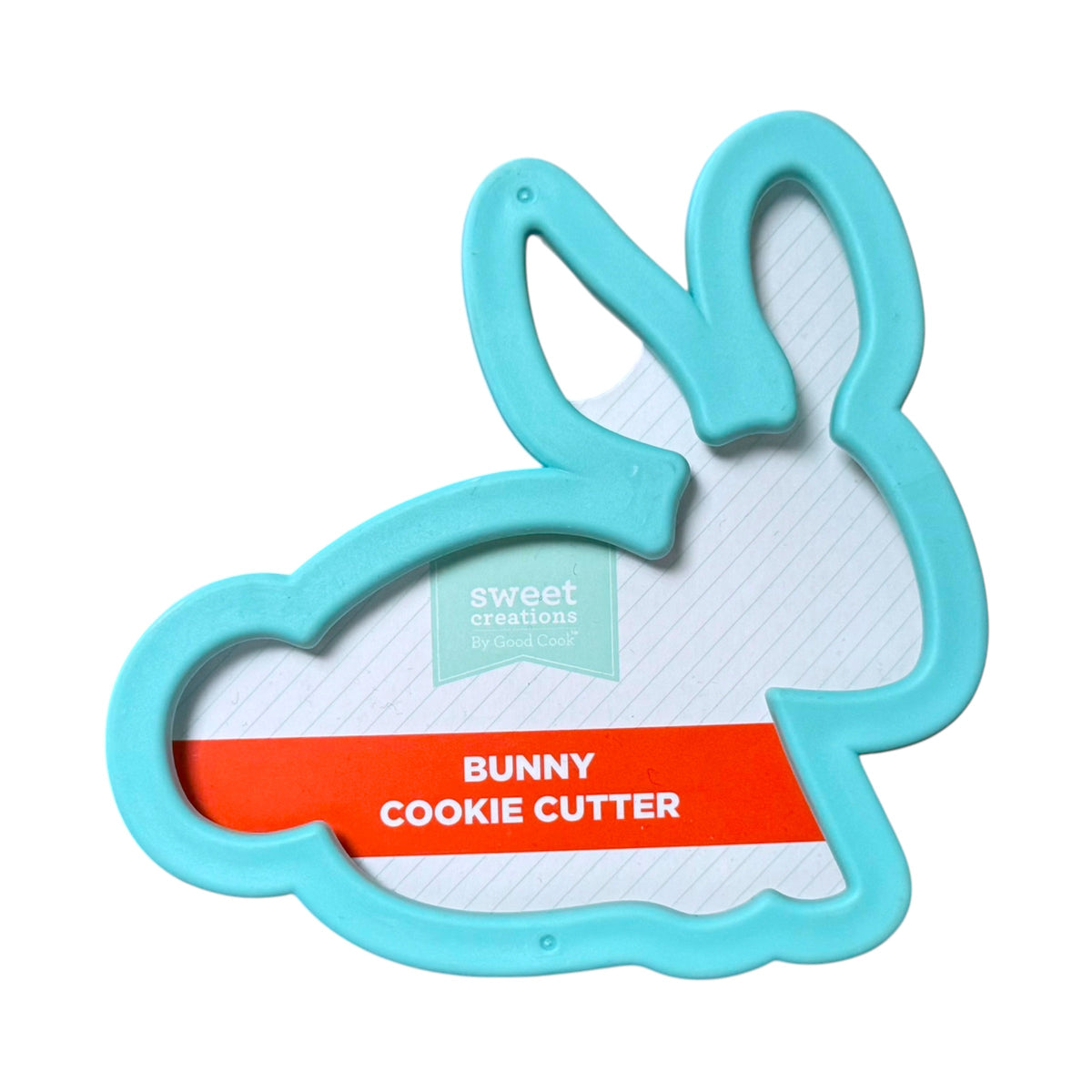 A turquoise blue bunny-shaped cookie cutter with a paper insert that reads 'sweet creations by Good Cook' and 'BUNNY COOKIE CUTTER' on a white background.