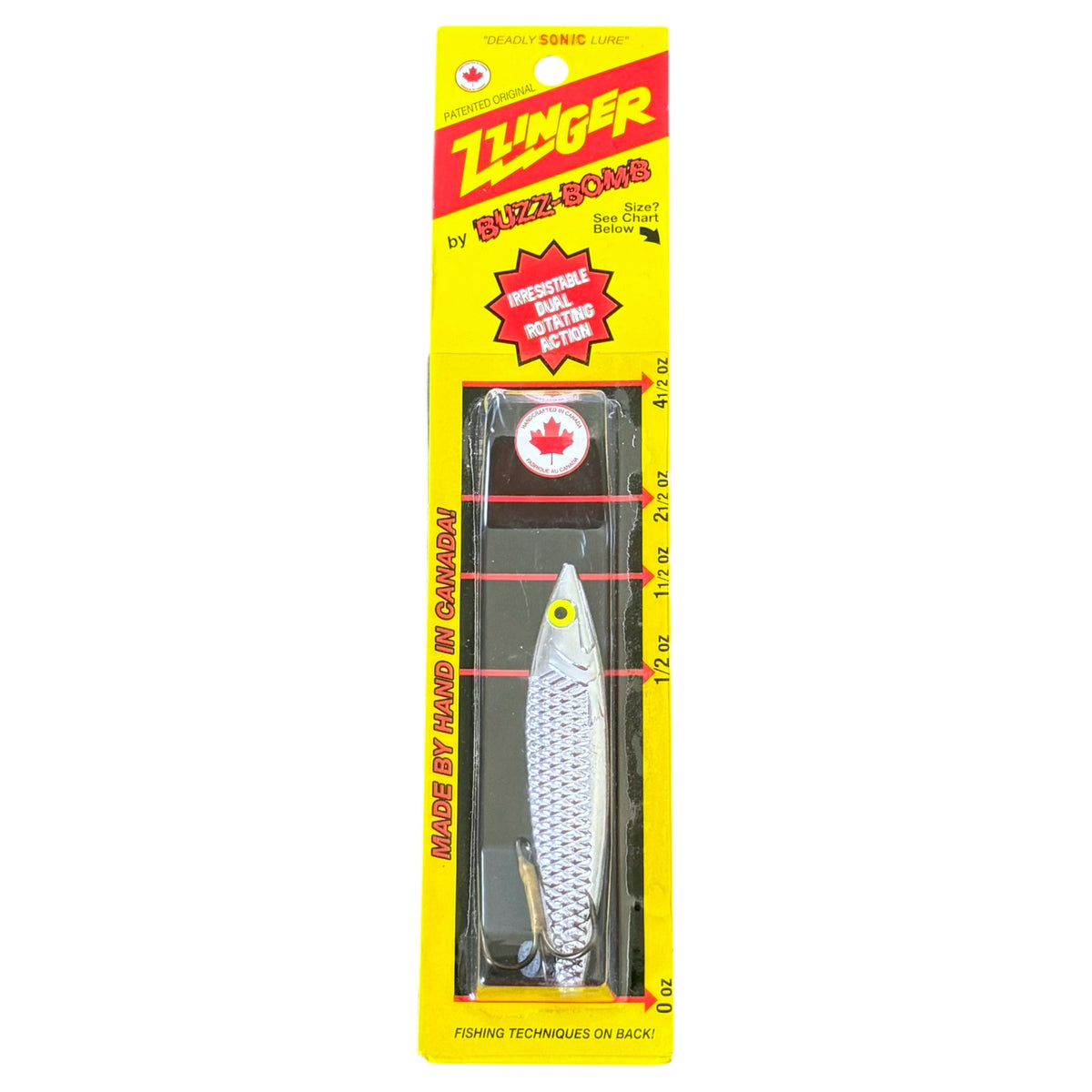 Zzinger Buzz-Bomb fishing lure packaging with yellow branding on a white background