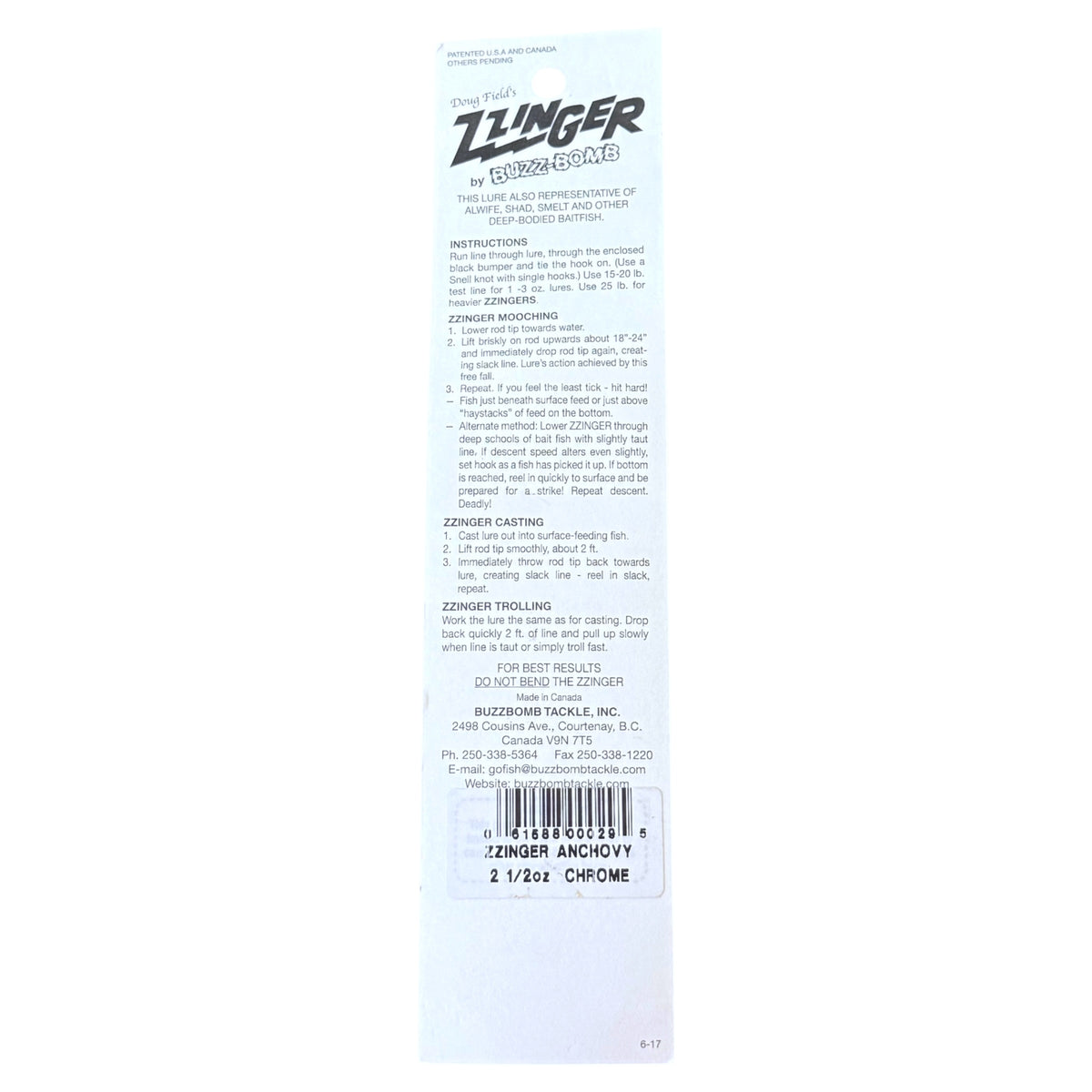 Back of a Zinger fishing lure packaging with text and branding.