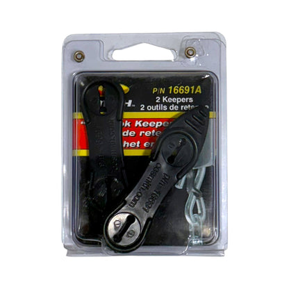 Two black plastic C.E. Smith S-Hook Keepers in clear retail blister packaging with a printed insert card. 2 keepers per pack. Shown on a white background