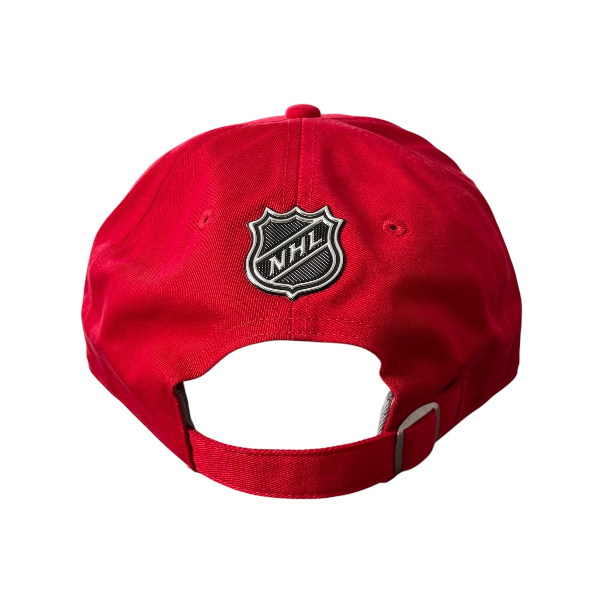 A red Calgary Flames baseball cap featuring an embroidered NHL shield logo on the front, shown from a rear three-quarter angle against a plain white background.