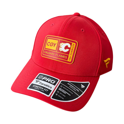 A red Calgary Flames baseball cap with a yellow and red CGY patch on the front, featuring a black and white Fanatics Pro Stretch FIT sticker on the brim, set against a plain white background.