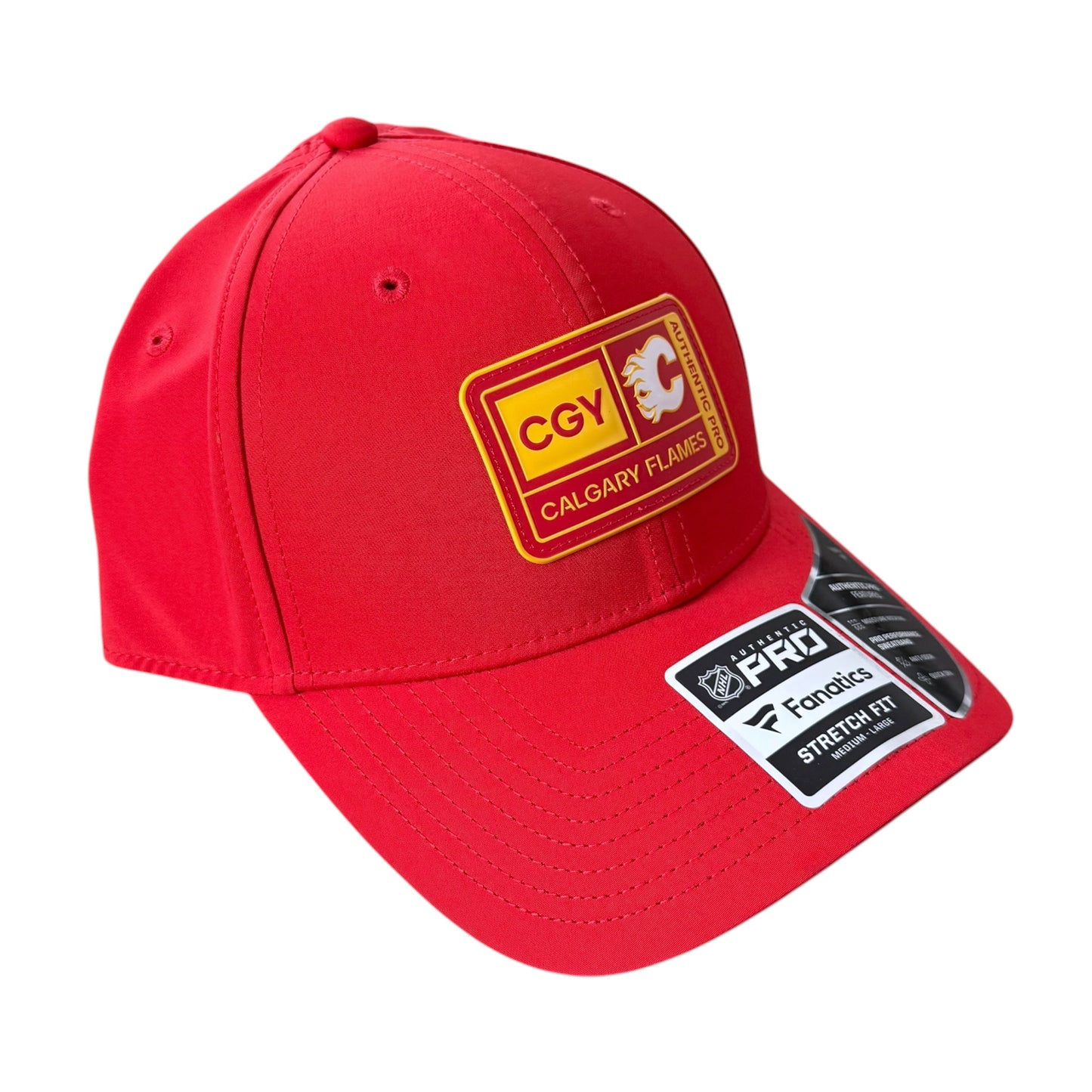 A red Calgary Flames baseball cap featuring a yellow and red embroidered patch on the front and a black and white Fanatics Pro Fit sticker on the brim, set against a plain white background.