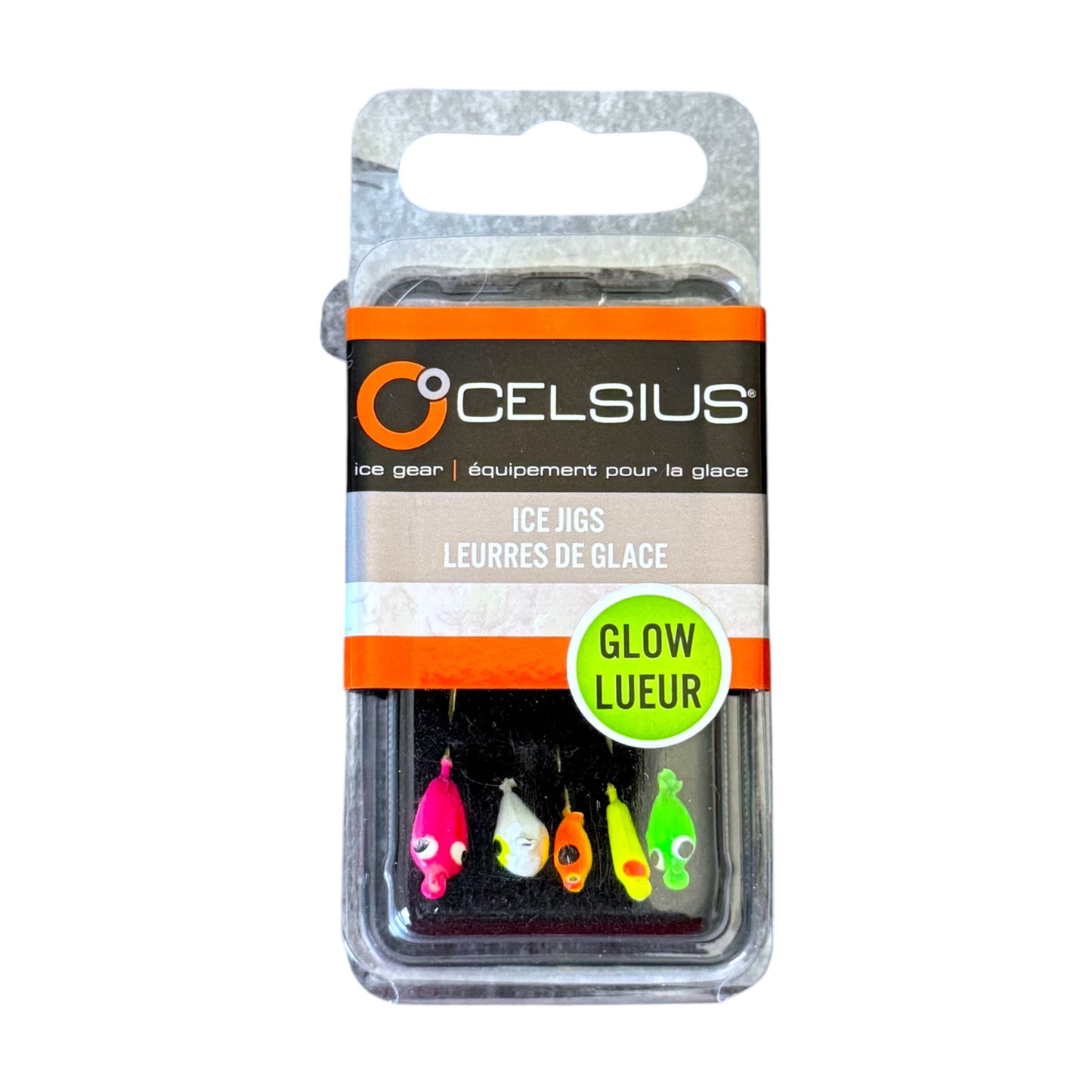 Packaged Celsius ice fishing lures with colorful lures inside on a white background