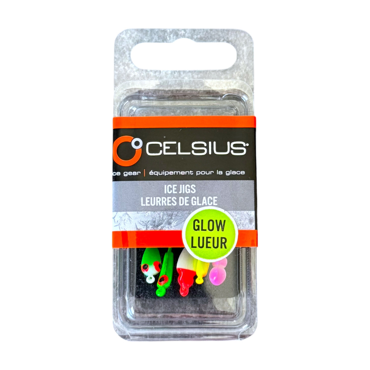 Packaged Celsius ice fishing jigs with glow-in-the-dark feature on a white background