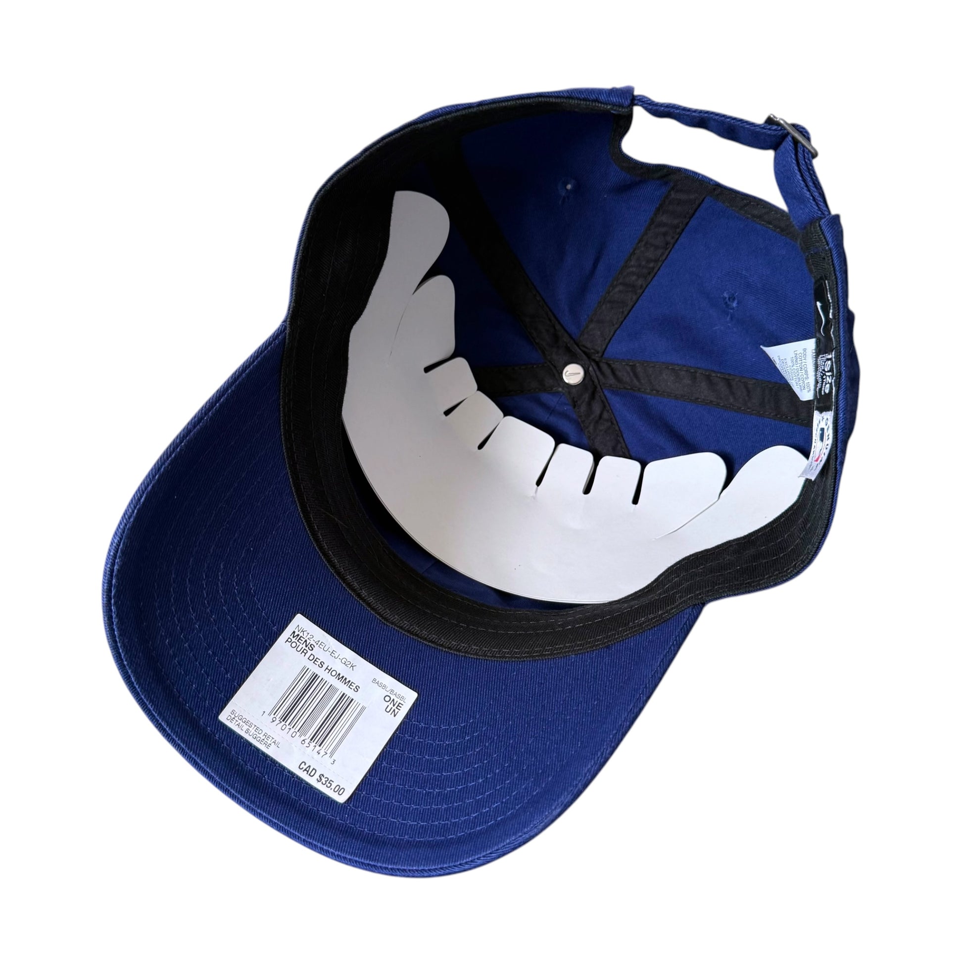A royal blue baseball cap shown from the inside