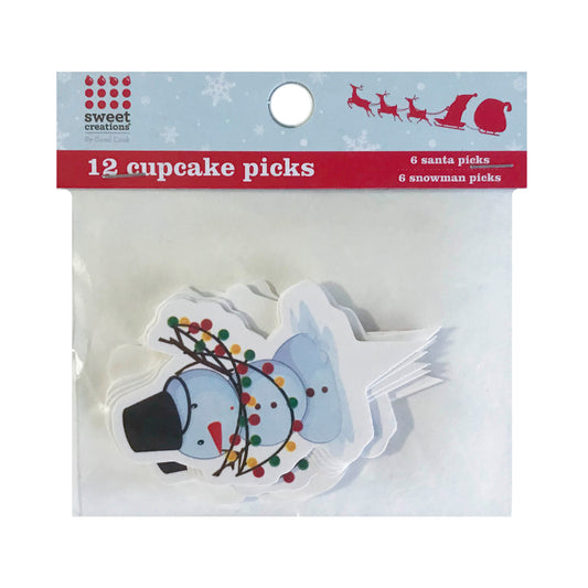 Pack of 12 Christmas-themed cupcake picks with Santa and snowman designs in retail packaging.