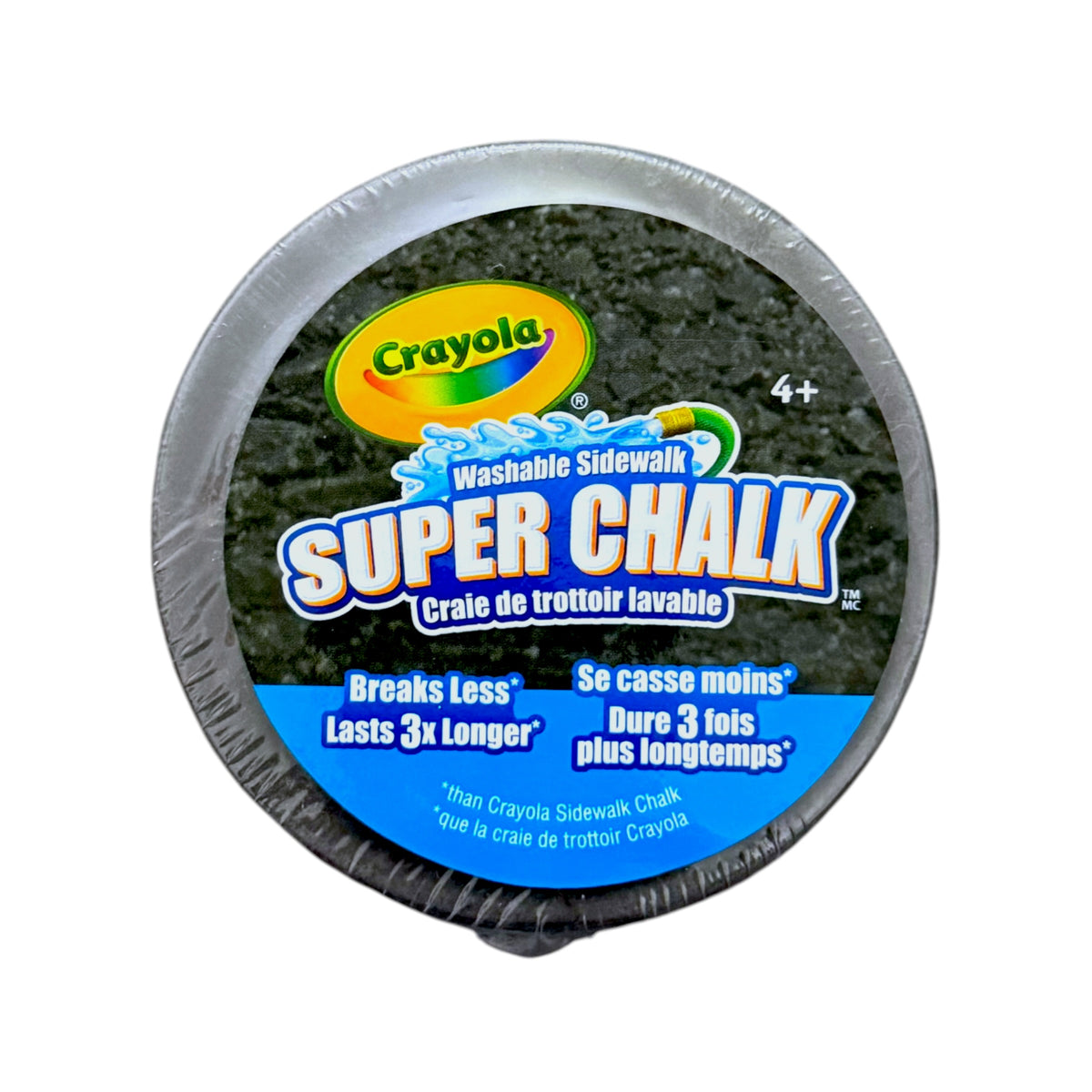 A round package of Crayola Super Chalk washable sidewalk chalk in a clear plastic wrap, featuring a black rim and a black label with blue and white text.